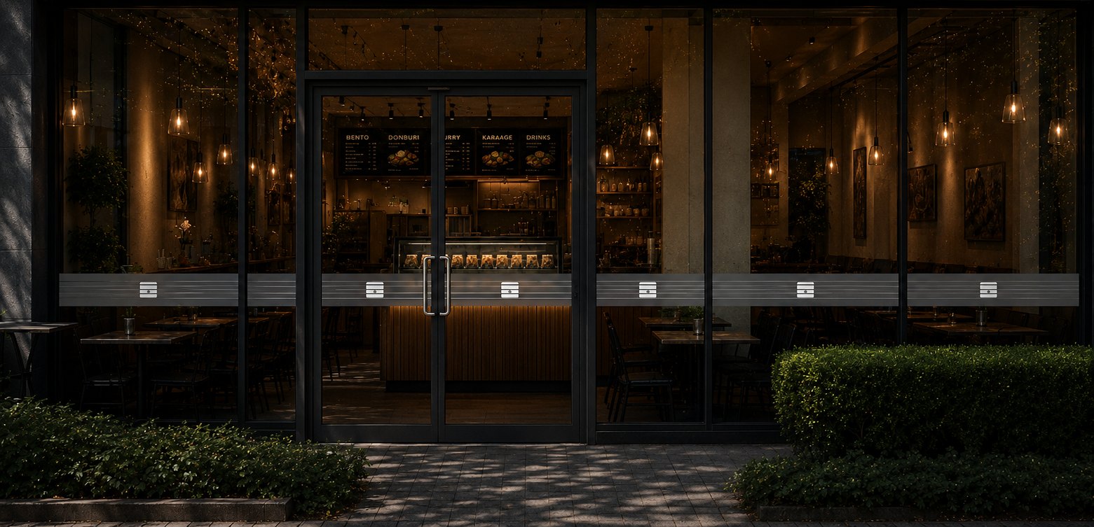 The Bentendo storefront on Helmcken Street, lit warmly at dusk.