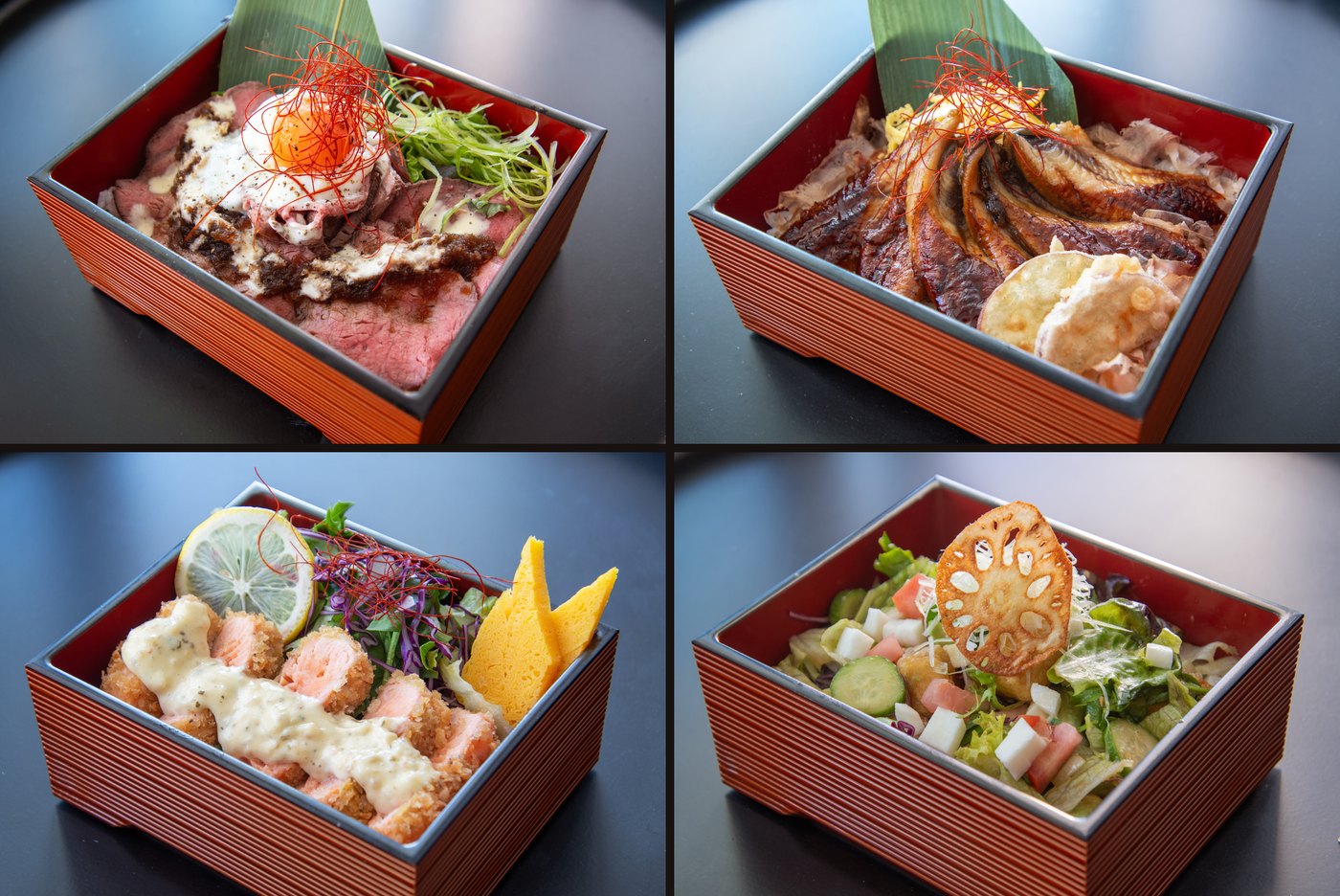 Four Bentendo jyu boxes: roast beef, unagi, salmon katsu and agedashi tofu.